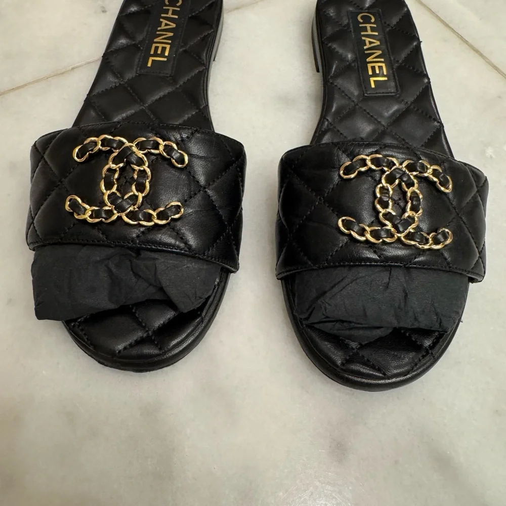 CHANEL Black Quilted Slide Sandals with Gold Accent - Picture 3 of 4